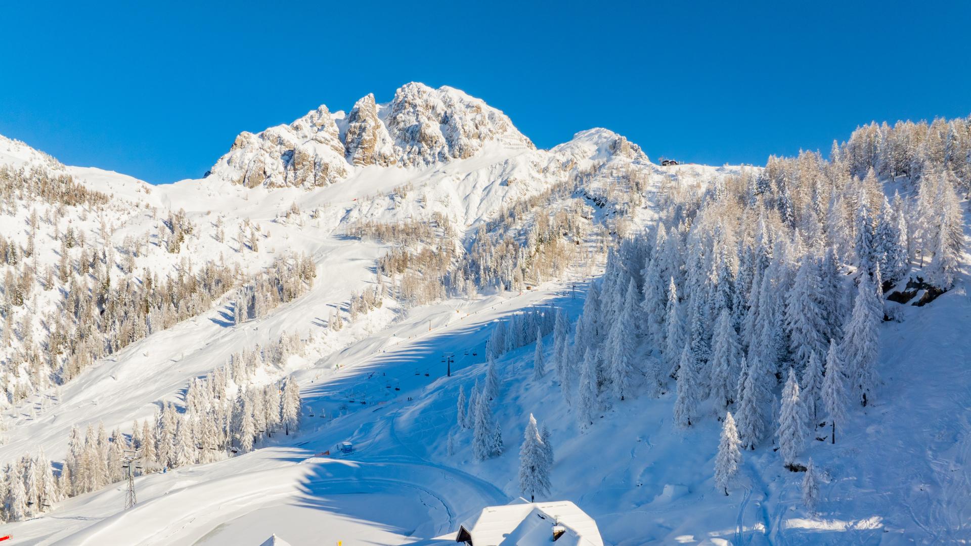 Die Watschiger Alm, im Hintergrund der Gartnerkofel, am Nassfeld in der Nähe des Almhotel Kärnten