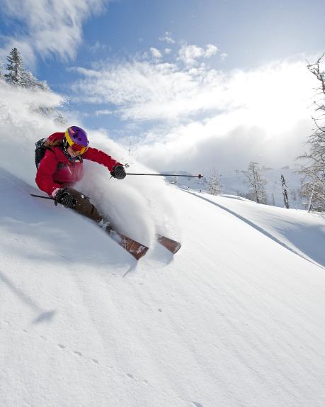 Ein Skifahrer gleitet dynamisch durch frischen Pulverschnee auf einer sonnigen Berghangpiste, umgeben von verschneiten Bäumen unter blauem Himmel. Die Schneewolken vermitteln Geschwindigkeit und Abenteuer – perfekte Bedingungen für einen Skiurlaub in Kärnten. Freeriden am Nassfeld - Actionreicher Skispaß im Tiefschnee in den Bergen in der Nähe des Almhotel Kärnten