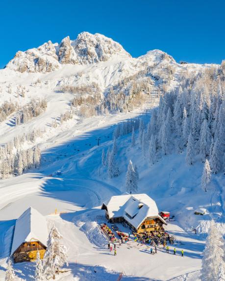 Luftaufnahme der Watschiger Alm - eingebettet in eine verschneite Winterlandschaft mit beeindruckendem Gartnerkofel-Gipfel im Hintergrund. Die sonnenbeschienene Skipiste führt direkt zum Almhotel Kärnten, umgeben von schneebedeckten Bäumen. Perfektes Wintersportziel für Skifahrer und Naturliebhaber. Die Watschiger Alm, im Hintergrund der Gartnerkofel, am Nassfeld in der Nähe des Almhotel Kärnten