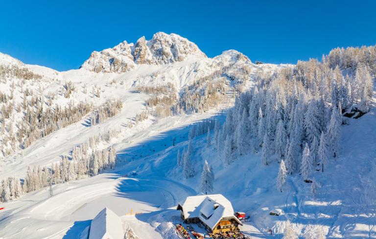 Die Watschiger Alm, im Hintergrund der Gartnerkofel, am Nassfeld in der Nähe des Almhotel Kärnten