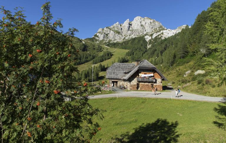 Die Watschiger Alm und der Gartnerkofel am Nassfeld in der Nähe des Almhotel Kärnten