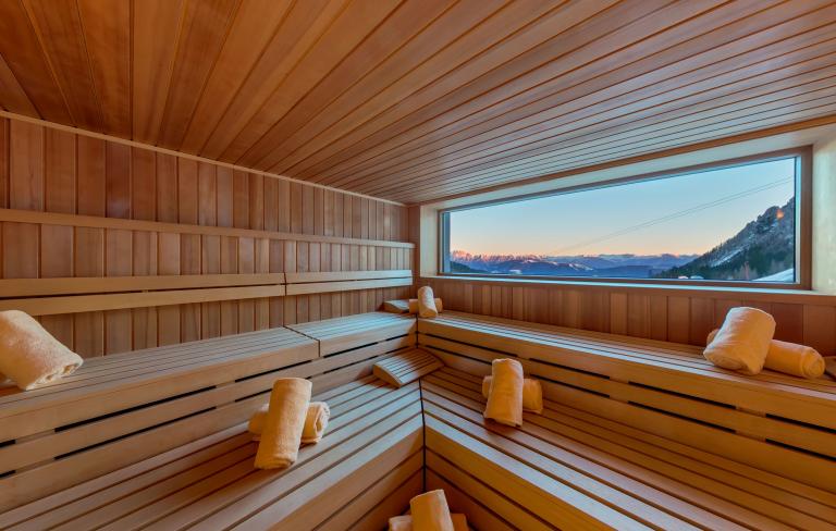 Einladende Panoramasauna mit Bergblick im Almhotel Kärnten am Nassfeld